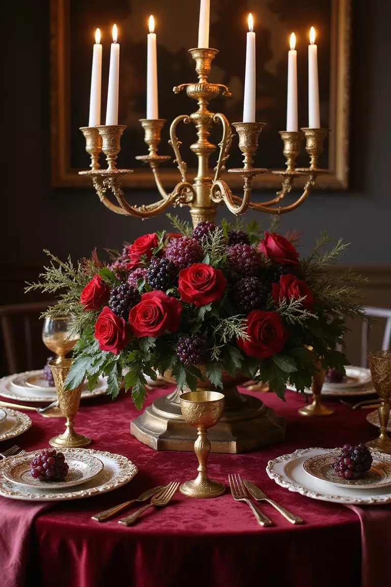 Dark Renaissance Art Inspired A professional photo, similar to a photo in a wedding magazine, of a dramatic tablescape with golden chalices, dark fruit centerpieces, rich velvet fabrics, and ornate candelabras reminiscent of Renaissance paintings.