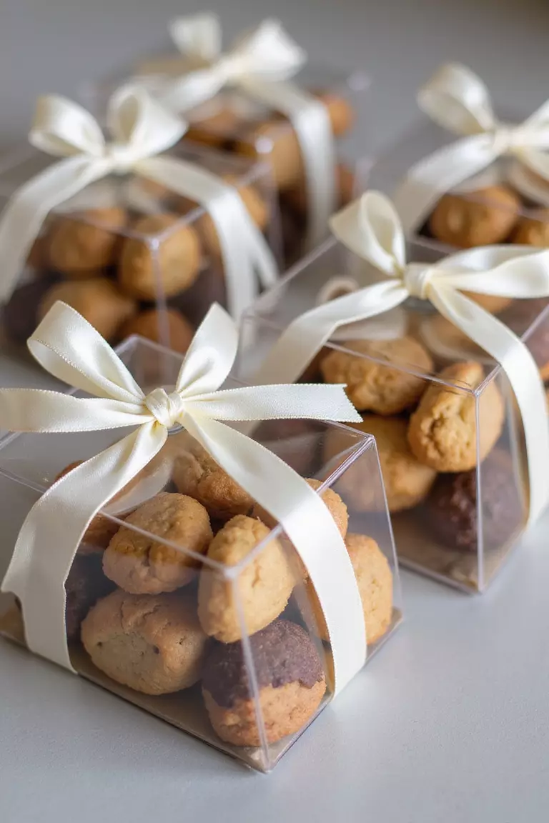 Gourmet Cookie Sets A professional photo, similar to a photo in a wedding magazine, of artfully arranged gourmet cookies in transparent gift boxes tied with satin ribbons.