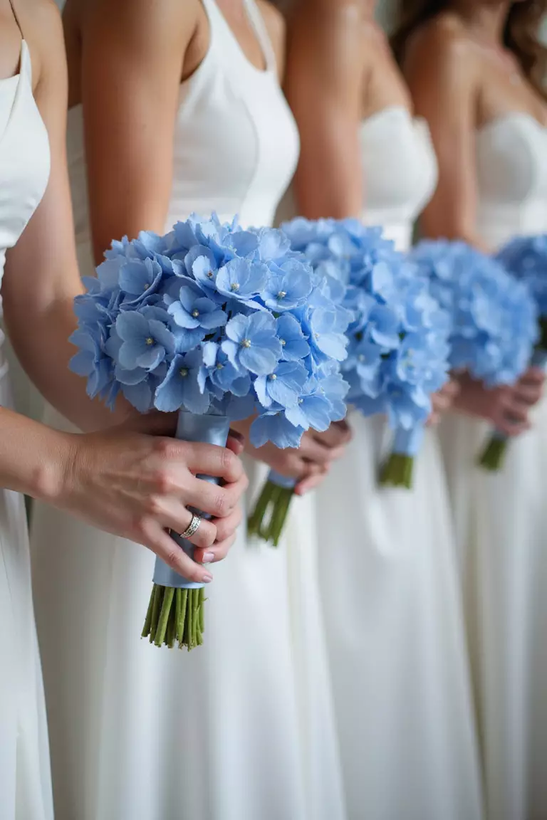 Hydrangea Bouquets For Bridesmaids A professional photo, similar to a photo in a wedding magazine, of bridesmaids holding matching bouquets of blue hydrangeas tied with satin ribbon.