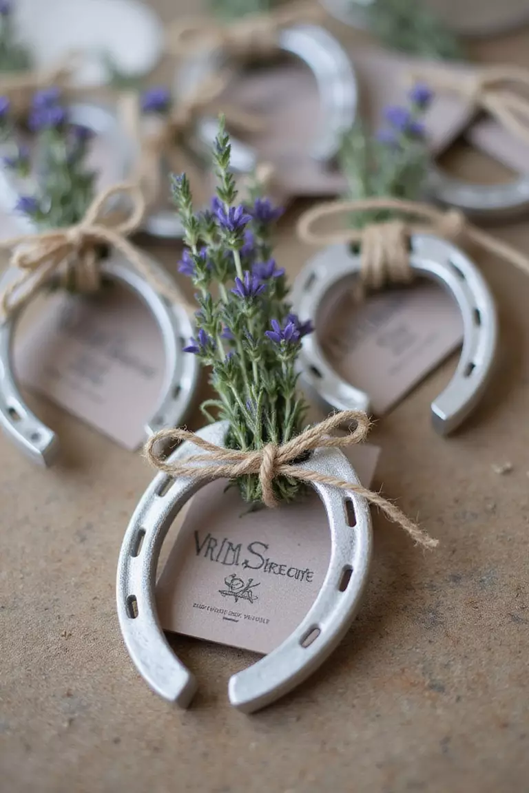Horseshoe Wedding Favors A professional photo, similar to a photo in a wedding magazine, of decorative silver horseshoes tied with twine and sprigs of lavender, arranged as wedding favors on a vintage table.
