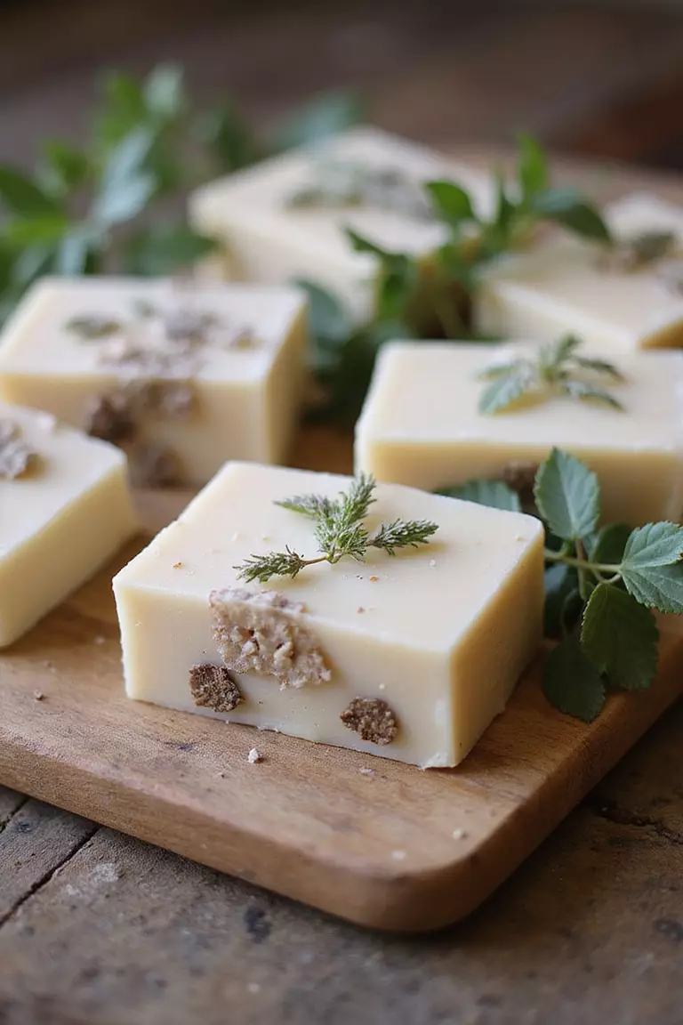 Handcrafted Soap Bars A professional photo, similar to a photo in a wedding magazine, of artisanal soap bars with botanical elements, arranged beautifully on a rustic wooden tray.