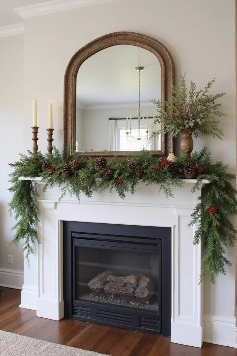 Seasonal Berry And Pinecone Mantel Decorations A professional photo, similar to a photo in a wedding magazine, of a fireplace mantel adorned with winter garlands featuring pine cones, red berries, and eucalyptus.