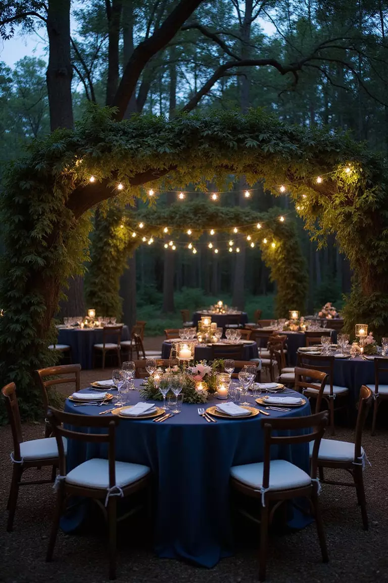 Enchanted Forest Under Moonlight A professional photo, similar to a photo in a wedding magazine, of a woodland wedding reception under moonlight with fairy lights illuminating moss-covered tables, dark foliage arches, and midnight-blue table settings.