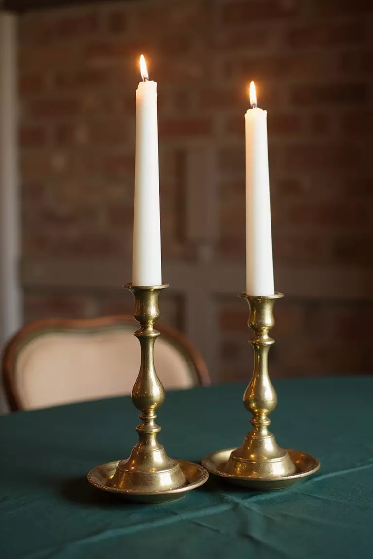 Antique Brass Candlestick Holders A professional photo, similar to a photo in a wedding magazine, of antique brass candlestick holders with white taper candles, creating warm light on a dark green tablecloth.