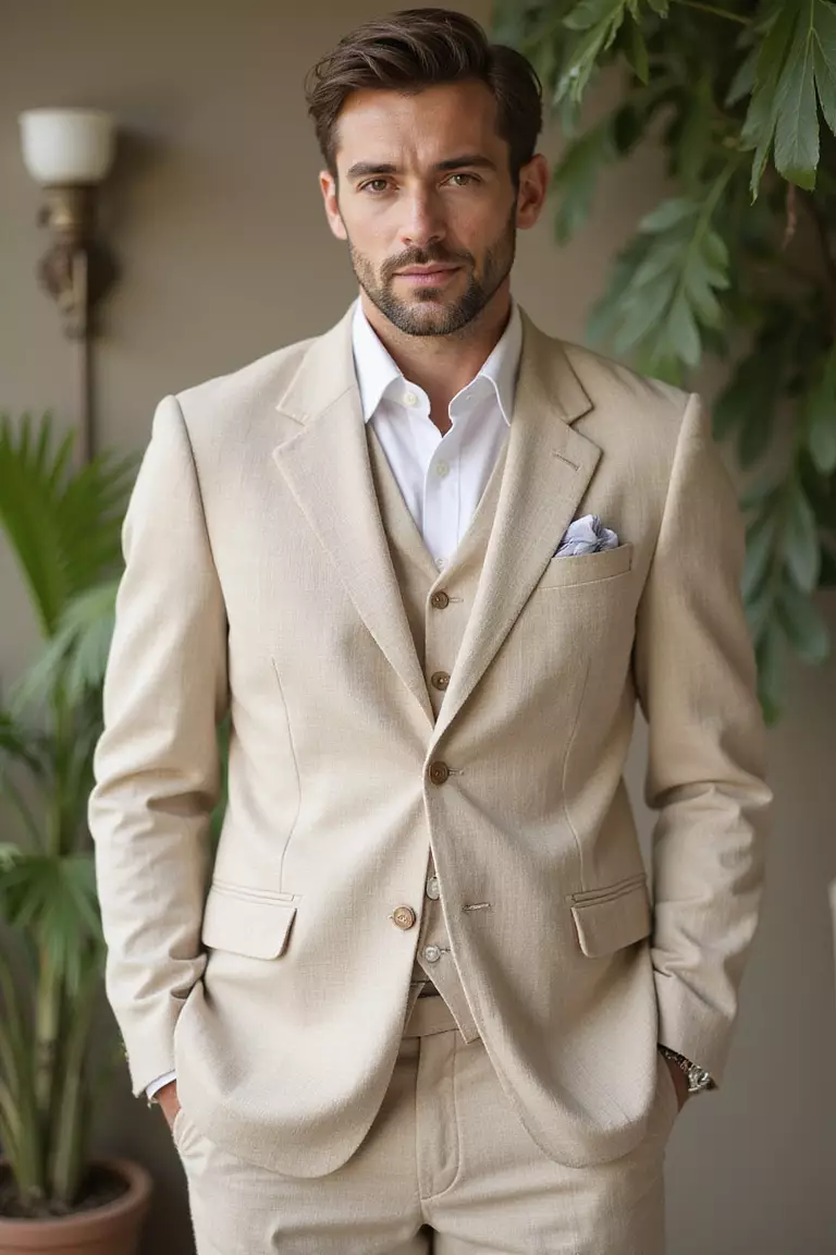 Light Beige Linen Suit For Summer Weddings A professional photo, similar to a photo in a wedding magazine, of a man in a light beige linen suit with subtle texture, perfect for a garden summer wedding.