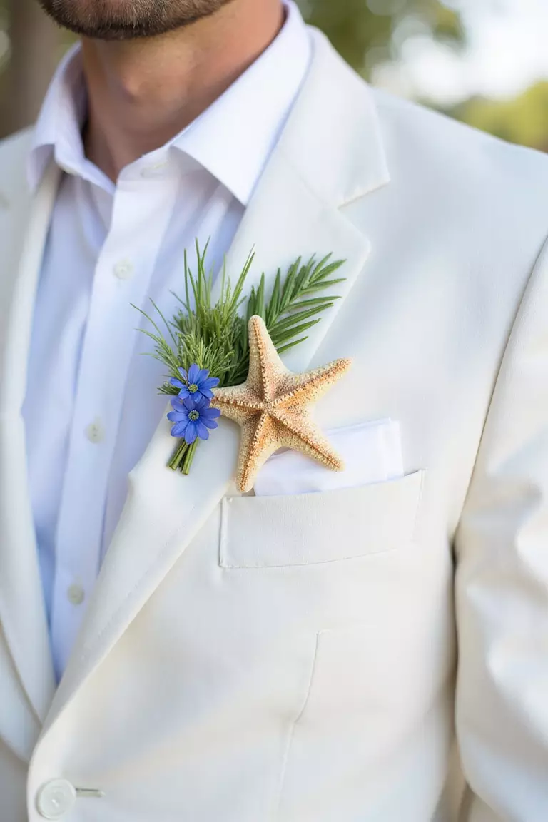 Starfish Boutonniere A professional photo, similar to a photo in a wedding magazine, of a groom's white linen suit with a starfish boutonniere accented with tiny blue flowers and sea grass.