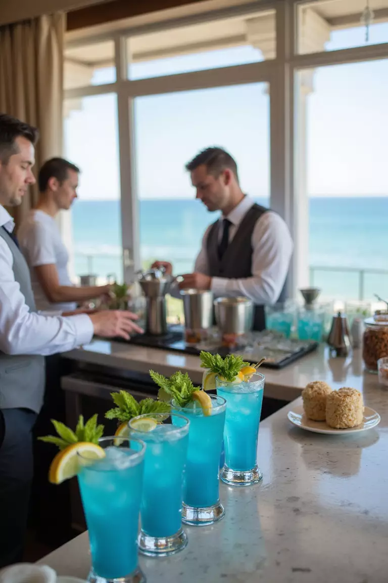 Beach-themed Cocktail Making A professional photo, similar to a photo in a wedding magazine, of a bar station with tropical garnishes, blue cocktails, and bartenders mixing drinks with ocean views visible.