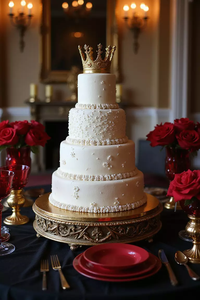 Red And Black Royal Opulence A professional photo, similar to a photo in a wedding magazine, of a regal wedding cake displayed on a black velvet table with ruby-colored crystal glasses, gold crown decorations, and rich crimson rose arrangements.