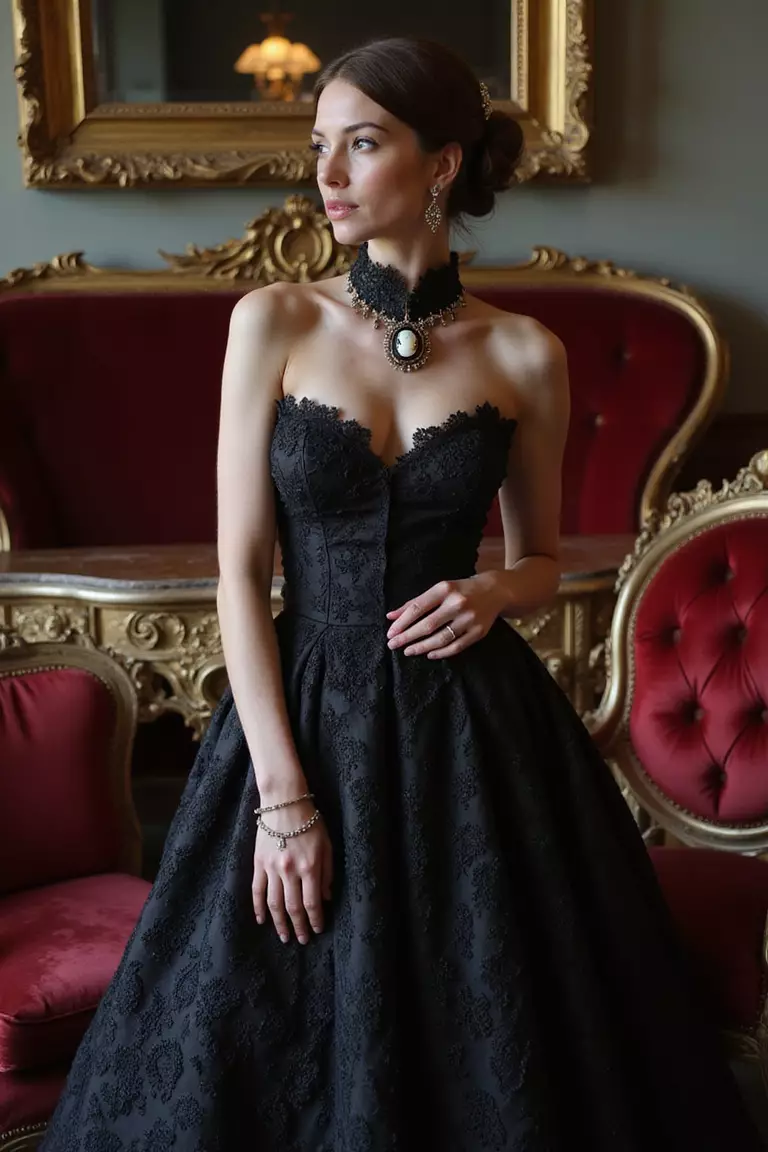 Dark Victorian Era Aesthetics A professional photo, similar to a photo in a wedding magazine, of a bride in a high-necked black lace Victorian gown with antique cameo jewelry among velvet furnishings and ornate gilded mirrors.