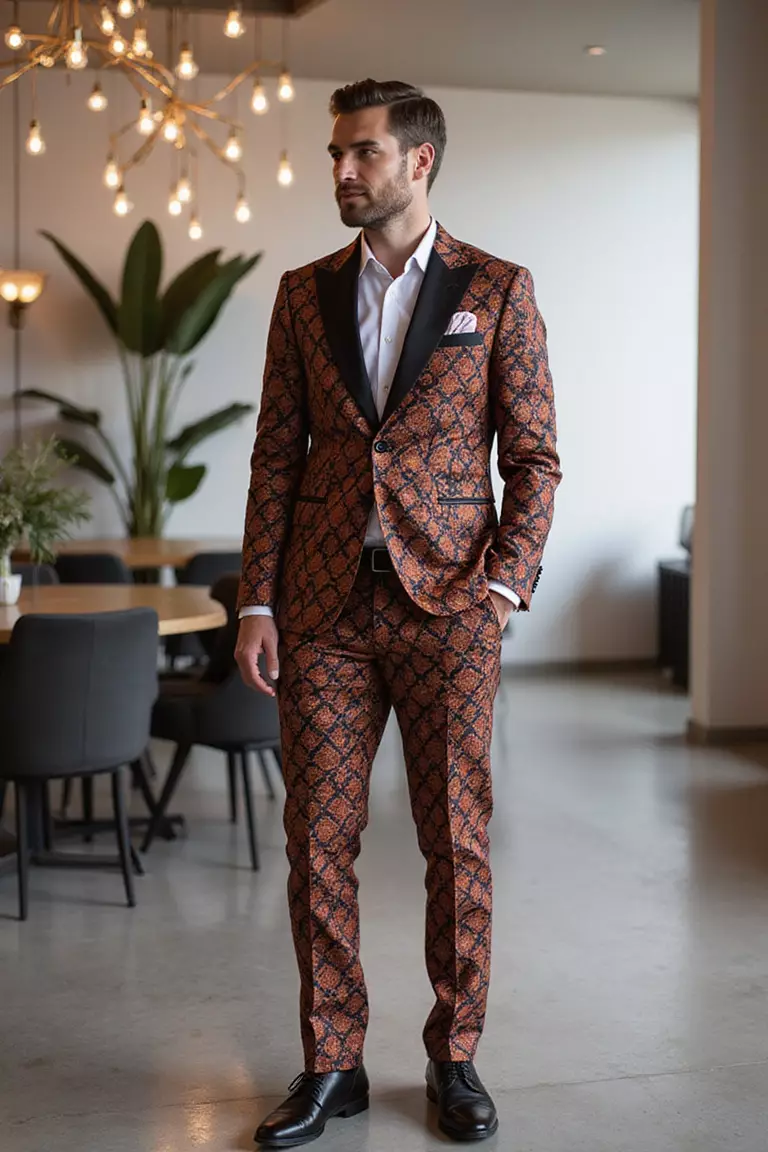 Bold Patterned Suit For Fashion-Forward Events A professional photo, similar to a photo in a wedding magazine, of a man in a boldly patterned suit featuring geometric designs at a modern, fashion-forward wedding venue.