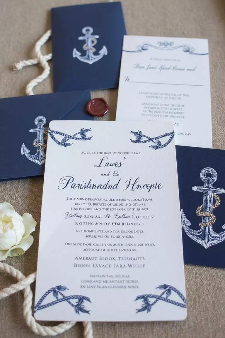 Nautical-Themed Invitations A professional photo, similar to a photo in a wedding magazine, of elegant nautical-themed wedding invitations featuring navy blue anchors, ropes, and white embossing arranged with a wax seal.