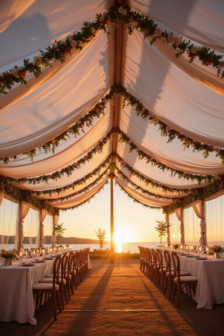 Flowing Fabric And Floral Tent Ceiling A professional photo, similar to a photo in a wedding magazine, of billowing sheer fabrics and flower garlands decorating a tent ceiling at sunset.