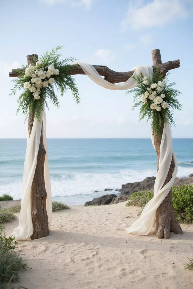 Driftwood Arch A professional photo, similar to a photo in a wedding magazine, of a rustic driftwood arch adorned with white flowers and flowing fabric, framing a pristine ocean view.