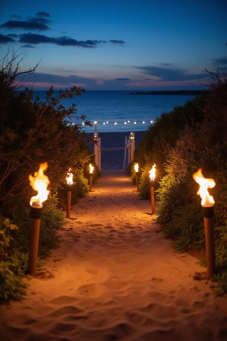 Tiki Torch Lined Pathways A professional photo, similar to a photo in a wedding magazine, of a sandy pathway illuminated by flickering tiki torches leading to a beach wedding reception at dusk.