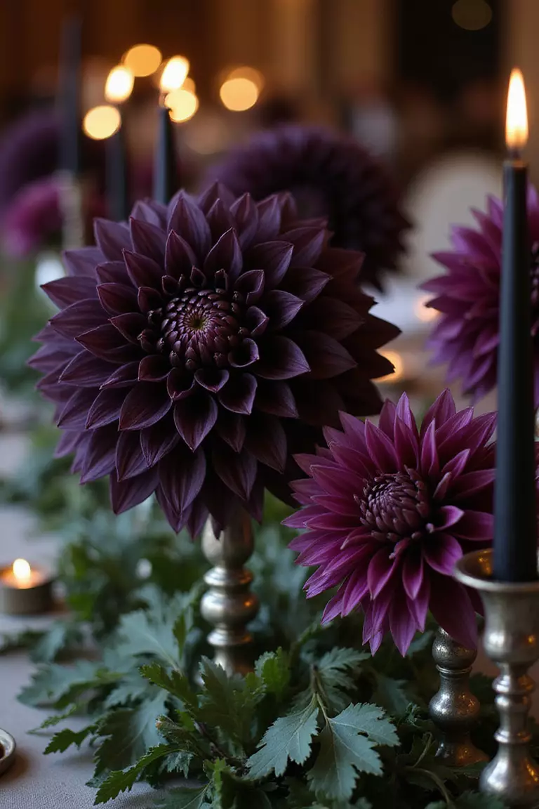 Black Dahlia Flower Arrangements A professional photo, similar to a photo in a wedding magazine, of centerpieces featuring dramatic black dahlias with deep purple accents, surrounded by dark foliage and illuminated by black taper candles in silver holders.