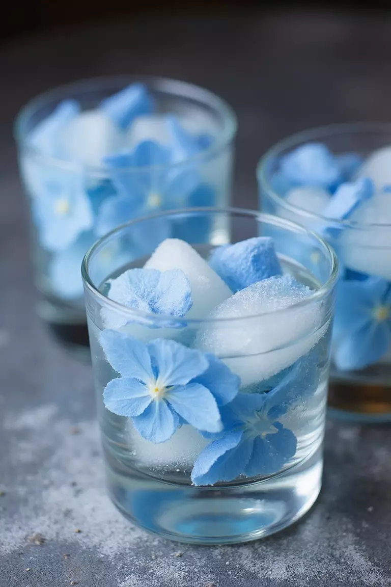 Signature Cocktail With Hydrangea Ice Cubes A professional photo, similar to a photo in a wedding magazine, of signature cocktails with frozen blue hydrangea petals embedded in clear ice cubes.