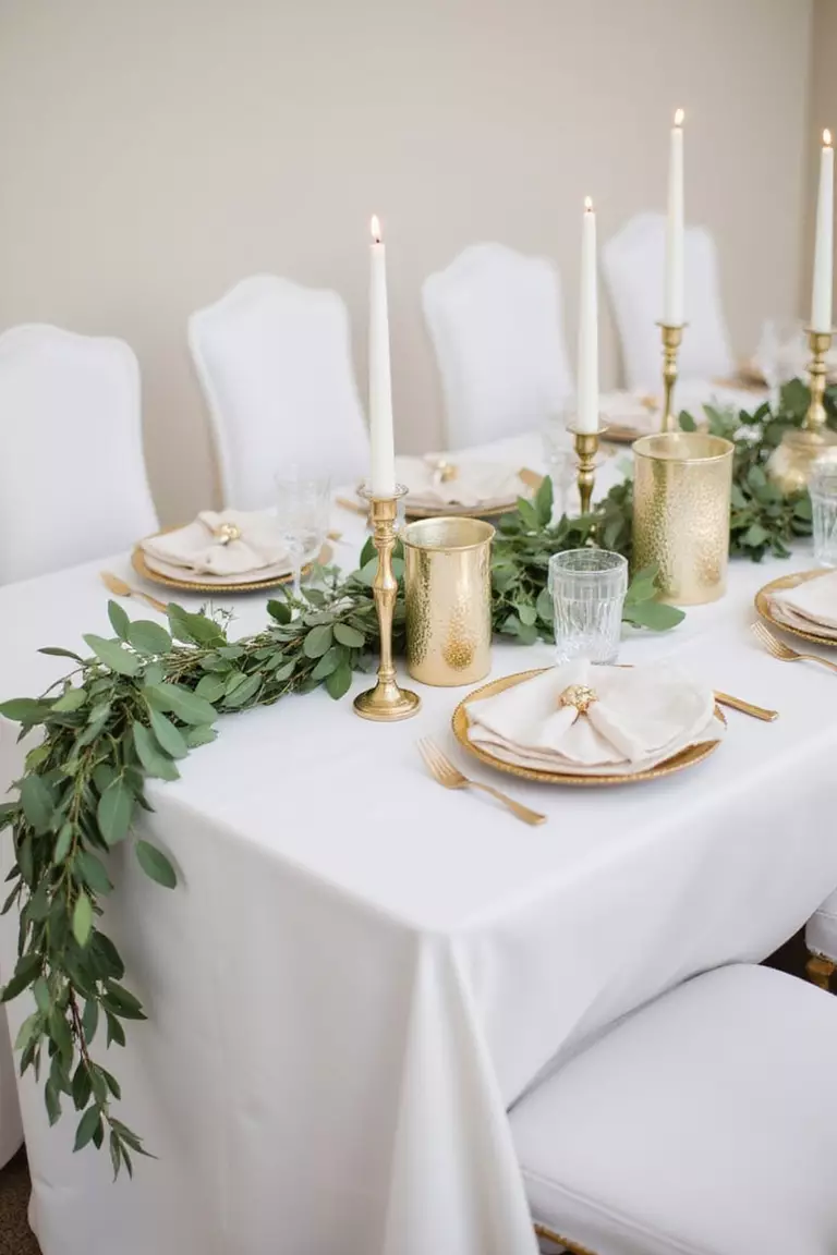Minimalist Olive Branch Table Runners A professional photo, similar to a photo in a wedding magazine, of simple olive branch garlands running down long white tables with gold accents and taper candles.