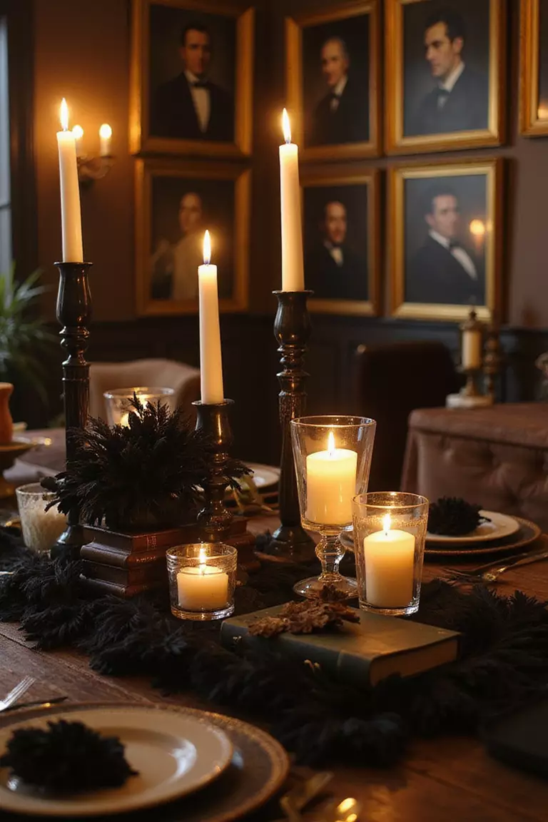 Edgar Allan Poe Literary Theme A professional photo, similar to a photo in a wedding magazine, of a candlelit reception with raven decorations, antique books as centerpieces, and black feather accents beneath a portrait-lined wall.