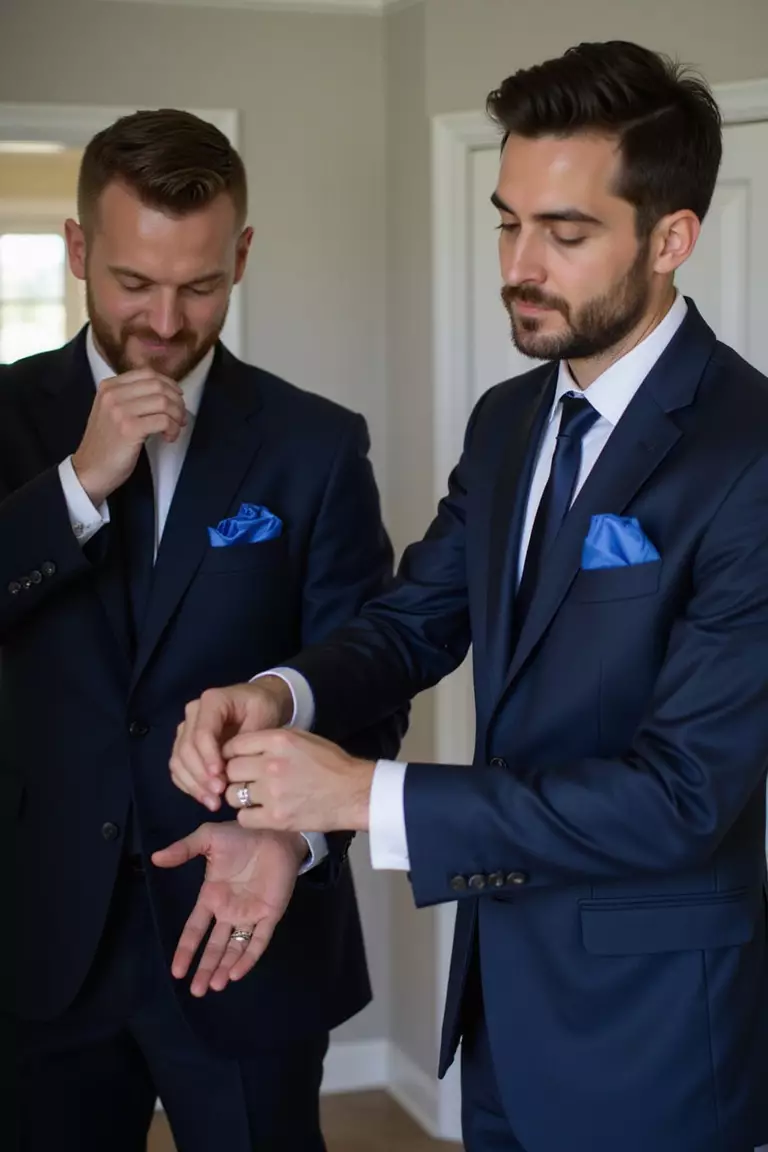 Blue Pocket Squares For Groomsmen A professional photo, similar to a photo in a wedding magazine, of groomsmen in tailored suits with coordinating blue pocket squares adjusting their cufflinks.