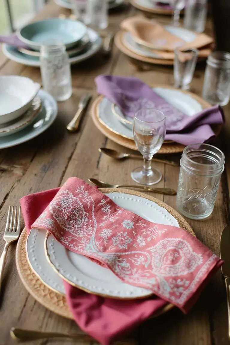 Bandana Napkins And Table Settings A professional photo, similar to a photo in a wedding magazine, of a rustic table setting featuring colorful bandanas folded as napkins beside vintage plates and mason jar drinking glasses.