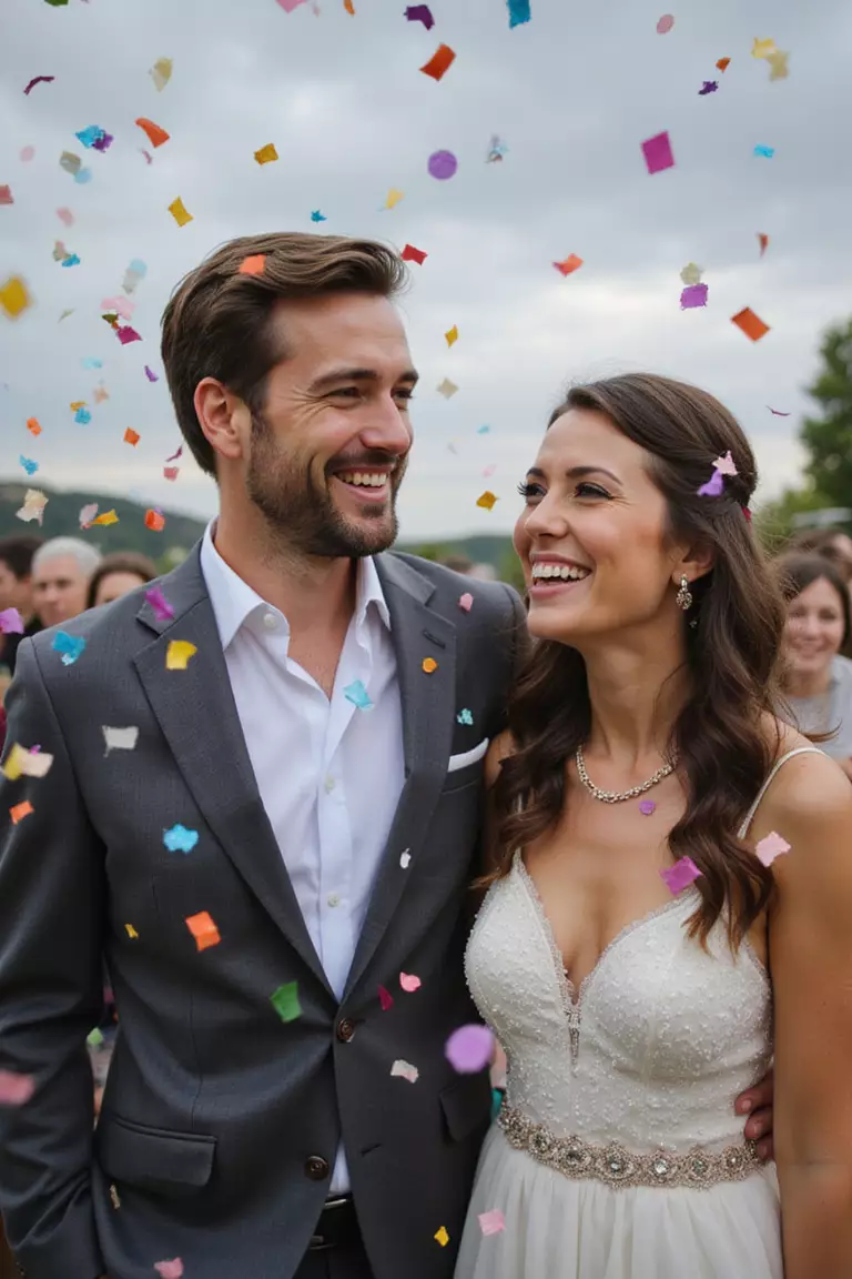 Playful Confetti Toss A professional photo, similar to a photo in a wedding magazine, of couple laughing surrounded by colorful confetti floating in mid-air around them.