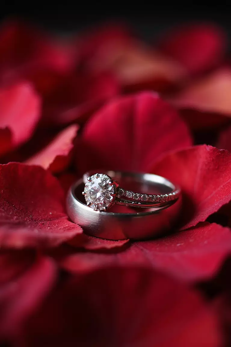 Artistic Ring Close-ups A professional photo, similar to a photo in a wedding magazine, of wedding rings nestled on rose petals with dramatic lighting highlighting the diamond's sparkle.