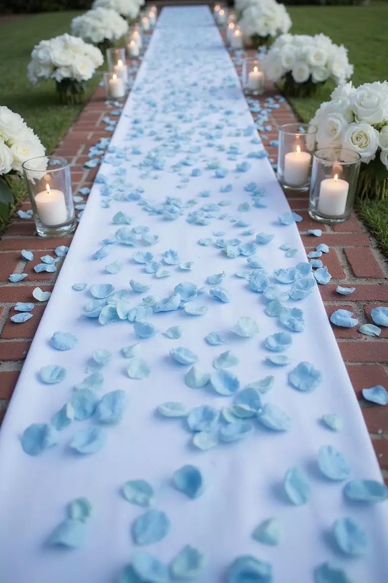 White Aisle Runner With Blue Petals A professional photo, similar to a photo in a wedding magazine, of a pristine white aisle runner scattered with blue rose petals flanked by white flowers and candles.