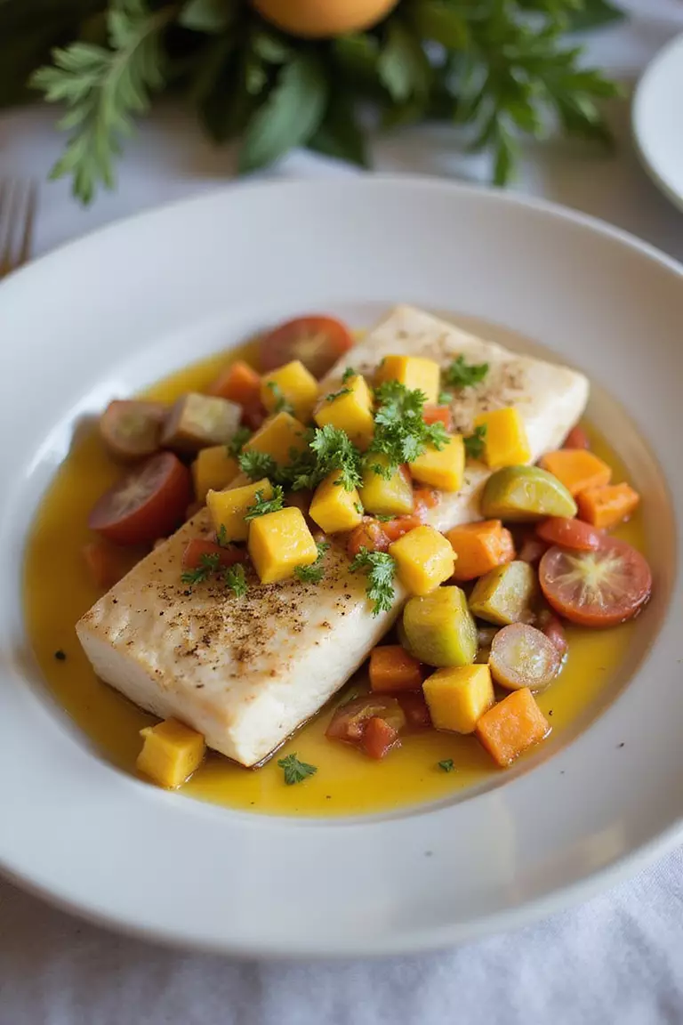 Island-Inspired Menu Offerings A professional photo, similar to a photo in a wedding magazine, of a beautifully presented tropical wedding dinner plate featuring mahi-mahi, mango salsa, and colorful island vegetables.