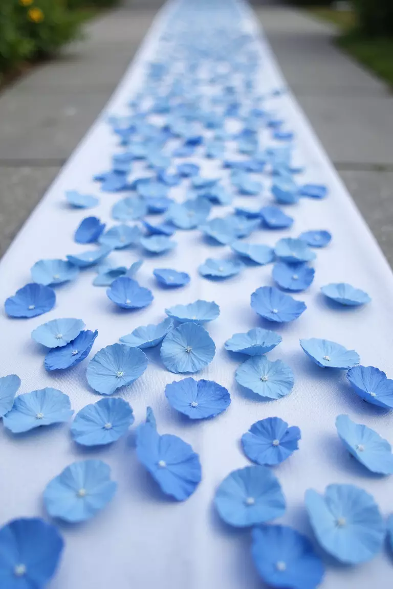 Blue Hydrangea Petal Confetti A professional photo, similar to a photo in a wedding magazine, of blue hydrangea petals scattered elegantly across a white aisle runner.
