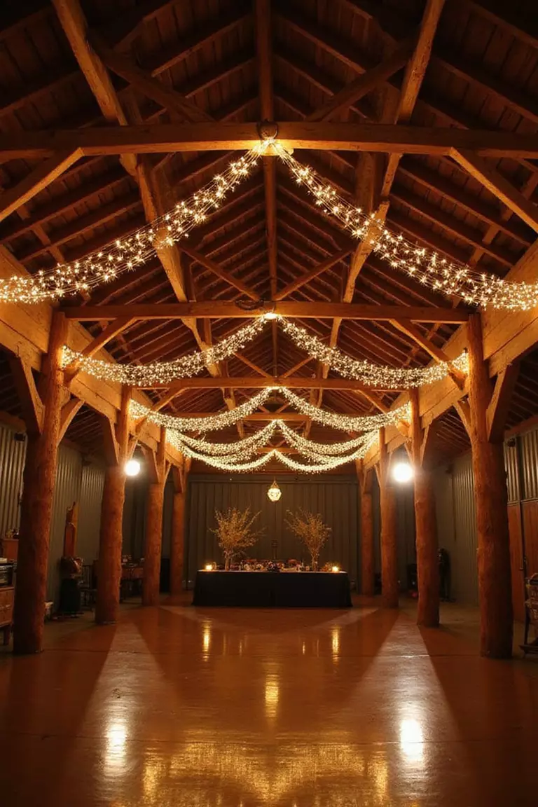 Barn Reception With String Lights A professional photo, similar to a photo in a wedding magazine, of a transformed barn interior with twinkling string lights hanging from wooden beams, creating a magical ambiance for a reception.