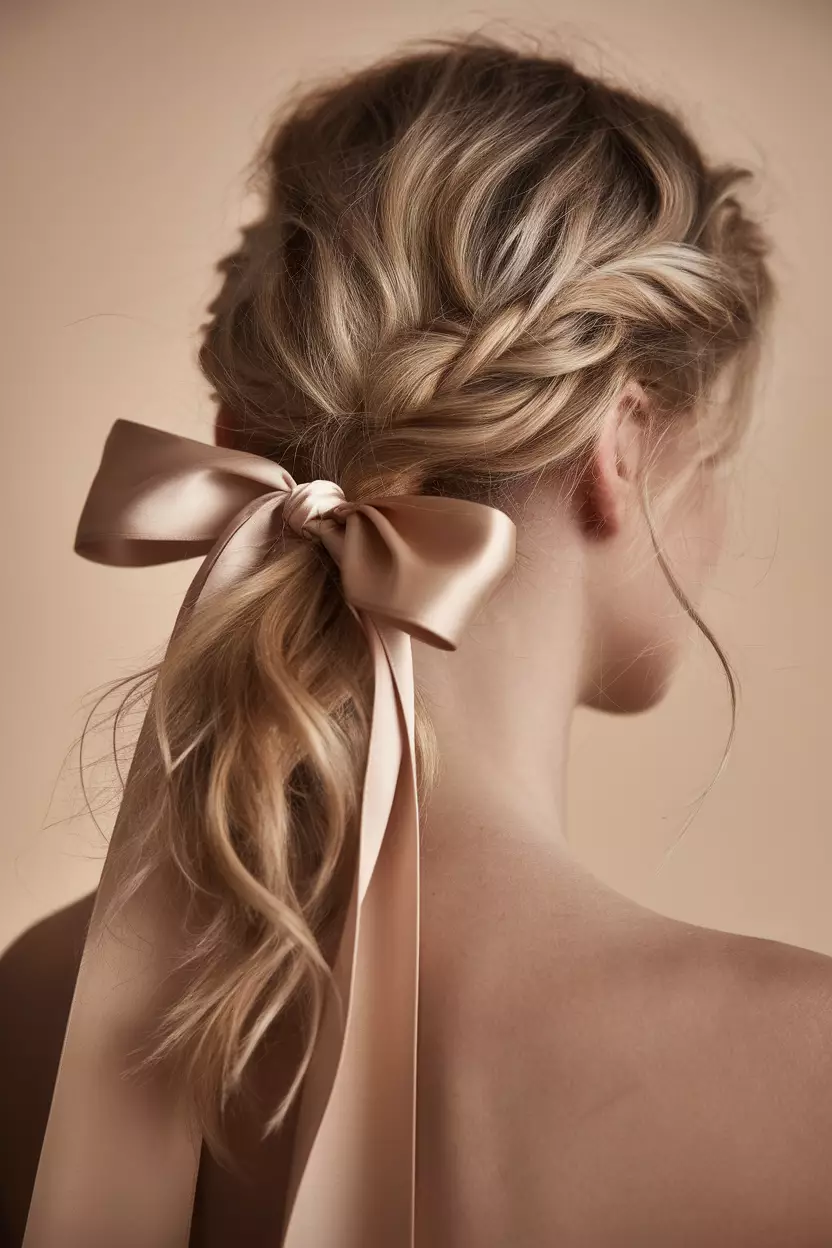 Low Tousled Ponytail With Ribbon Detail A professional photo, similar to a photo in a wedding magazine, of a low tousled ponytail tied with satin ribbon, with softly curled ends and face-framing wisps.