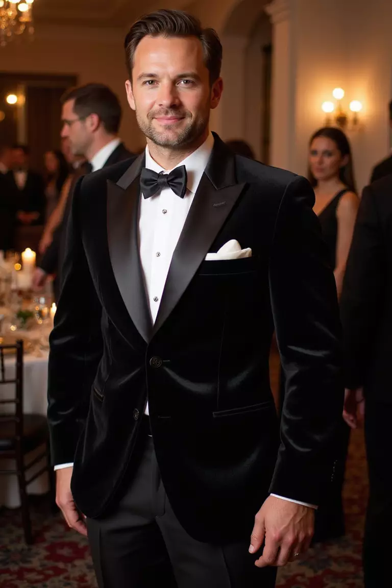 Velvet Jacket For Winter Celebrations A professional photo, similar to a photo in a wedding magazine, of a man in a luxurious dark velvet dinner jacket with satin details at a winter evening wedding reception.