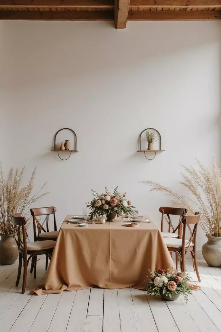 Modern Brown Minimalist Wedding A professional photo, similar to a photo in a wedding magazine, of minimalist brown wedding scene with clean lines, geometric decor, and understated floral arrangements.
