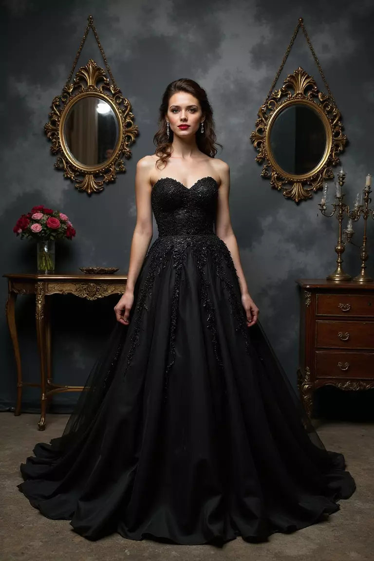 Dark Fairy Tale Reimagined A professional photo, similar to a photo in a wedding magazine, of a bride in a dramatic black ball gown, ornate mirrors, and whimsical dark elements against a stormy backdrop.