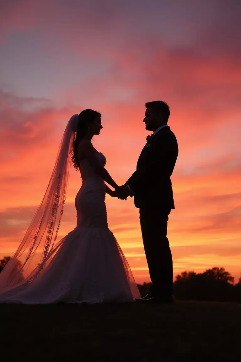 Romantic Sunset Silhouettes A professional photo, similar to a photo in a wedding magazine, of a bride and groom holding hands in silhouette against a vibrant orange and pink sunset sky.