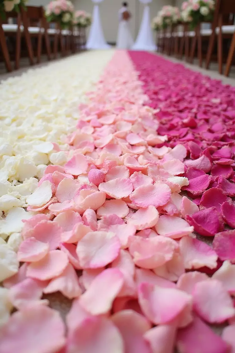 Ombré Petal Clusters Along Aisle Edges A professional photo, similar to a photo in a wedding magazine, of flower petals arranged in gradient colors from white to deep pink along a ceremony aisle.