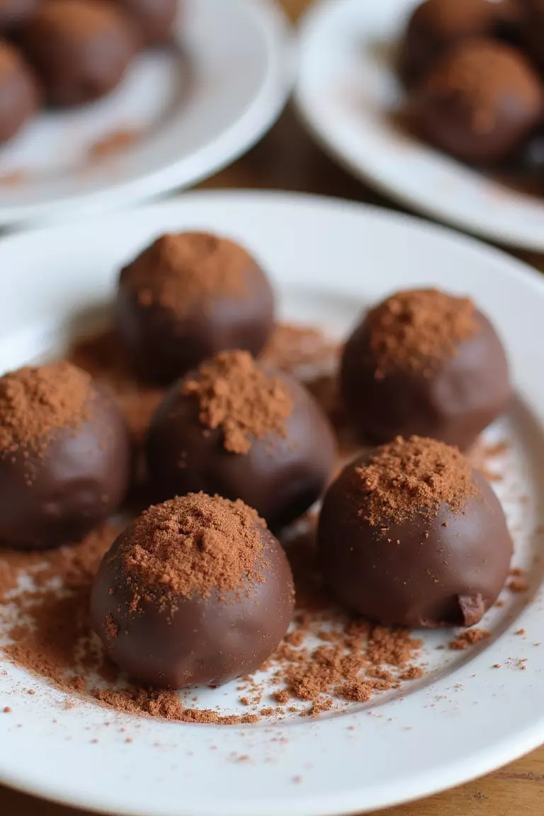 Handmade Chocolate Truffles A professional photo, similar to a photo in a wedding magazine, of chocolate truffles dusted with cocoa powder arranged on a white porcelain plate.
