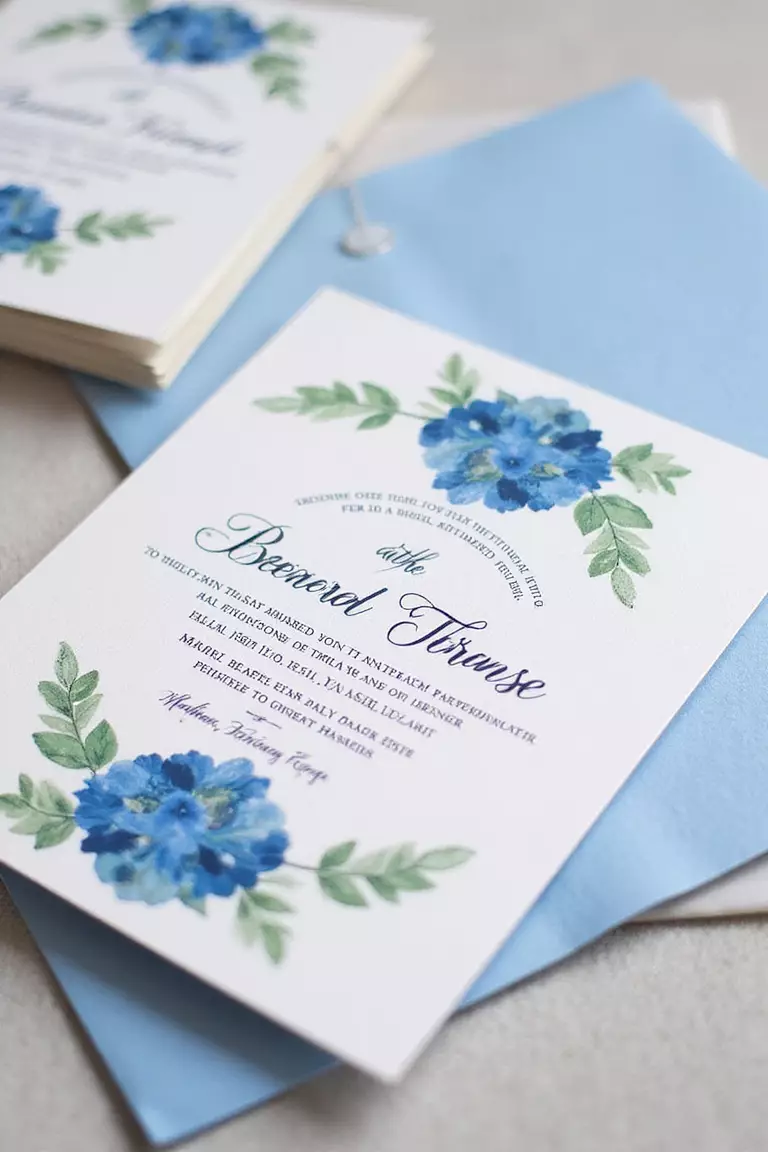 Blue Hydrangea Wedding Invitations A professional photo, similar to a photo in a wedding magazine, of elegant wedding invitations featuring watercolor blue hydrangea designs and navy calligraphy.