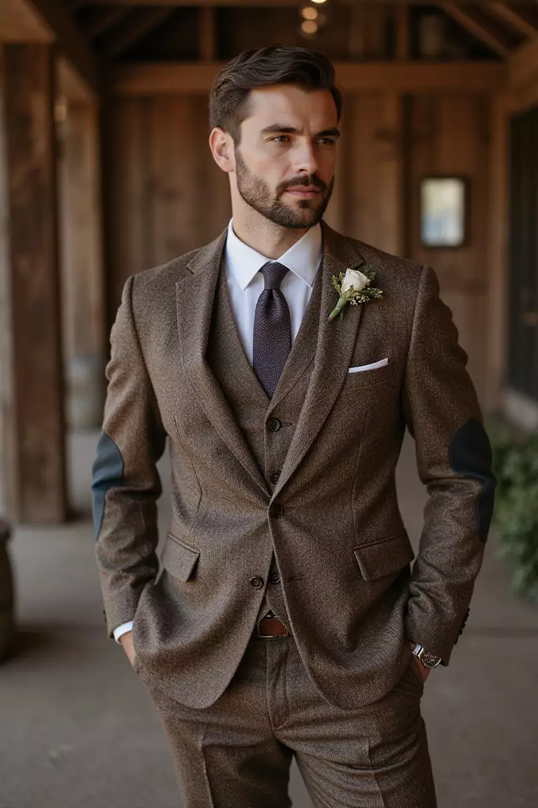 Tweed Suit For Rustic Ceremonies A professional photo, similar to a photo in a wedding magazine, of a man in a textured brown tweed suit with elbow patches at a rustic barn wedding setting.