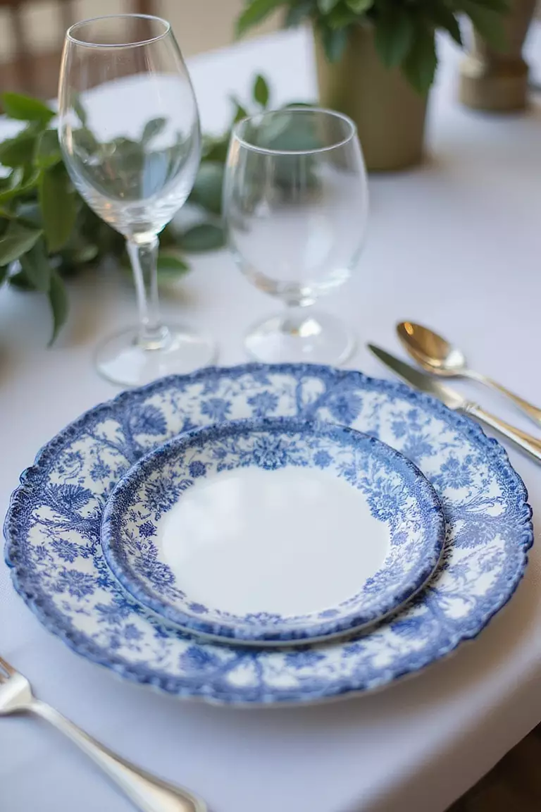 Blue And White Patterned China A professional photo, similar to a photo in a wedding magazine, of place settings featuring ornate blue and white patterned china with silver cutlery and crystal stemware.