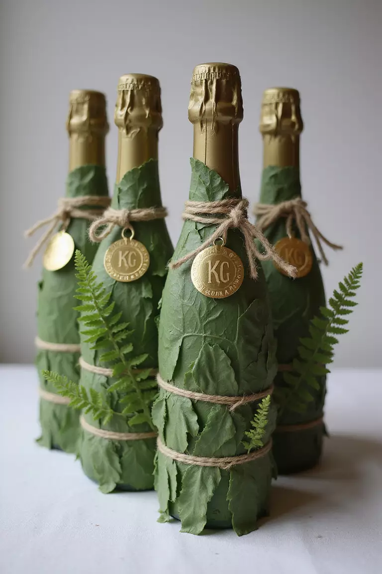 Fern-Wrapped Champagne Bottles With Gold Labels A professional photo, similar to a photo in a wedding magazine, of champagne bottles wrapped in delicate fern leaves secured with twine, featuring custom gold labels with couple's monogram.
