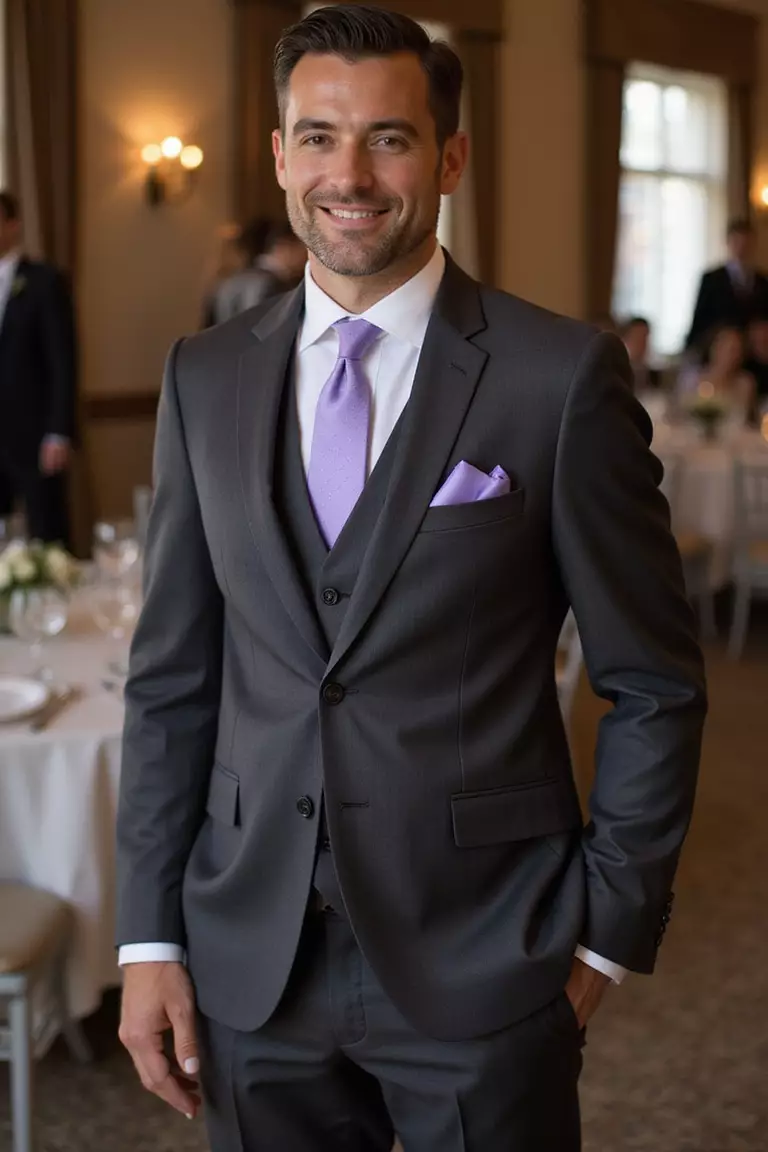 Charcoal Gray Suit With Lavender Accents A professional photo, similar to a photo in a wedding magazine, of a man in a tailored charcoal gray suit paired with lavender tie and pocket square at an elegant reception.