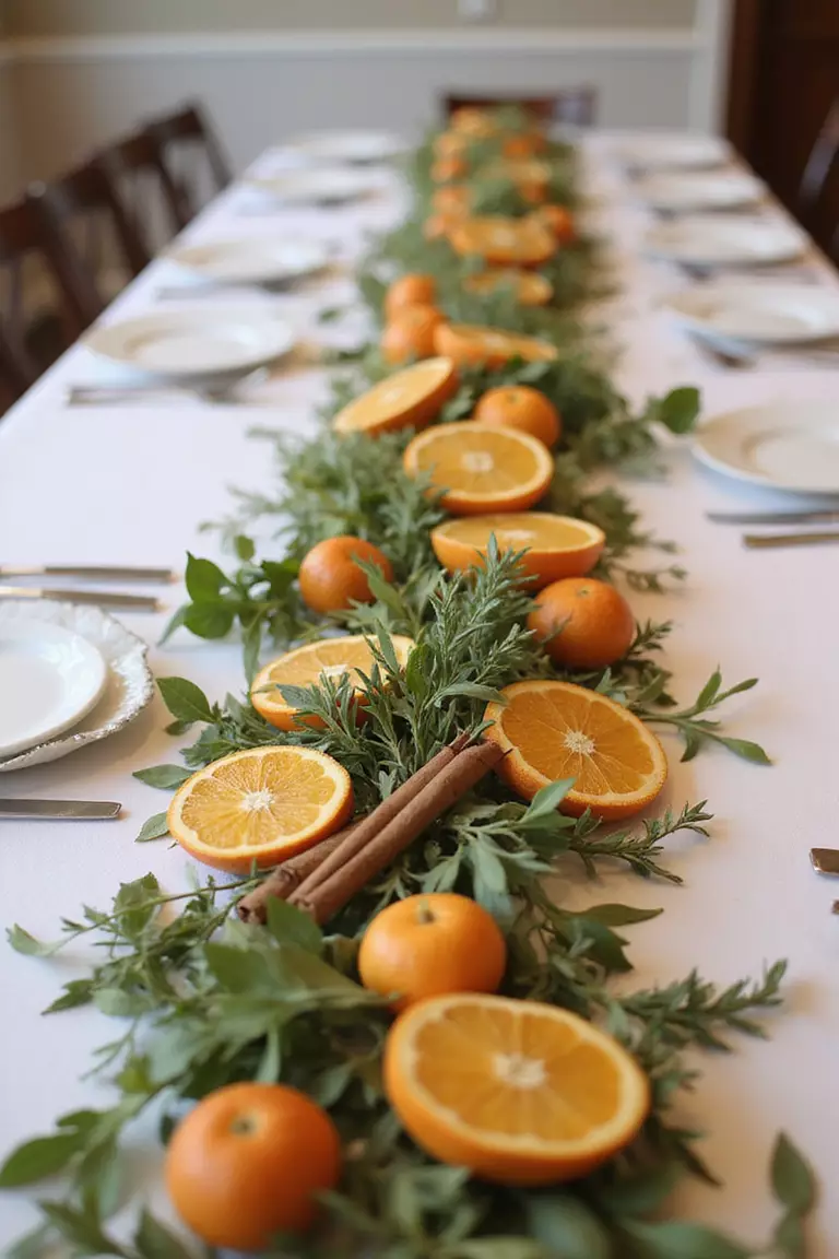 Citrus Slice And Herb Aromatic Displays A professional photo, similar to a photo in a wedding magazine, of fragrant garlands made with dried orange slices, cinnamon sticks, and fresh herbs along table edges.