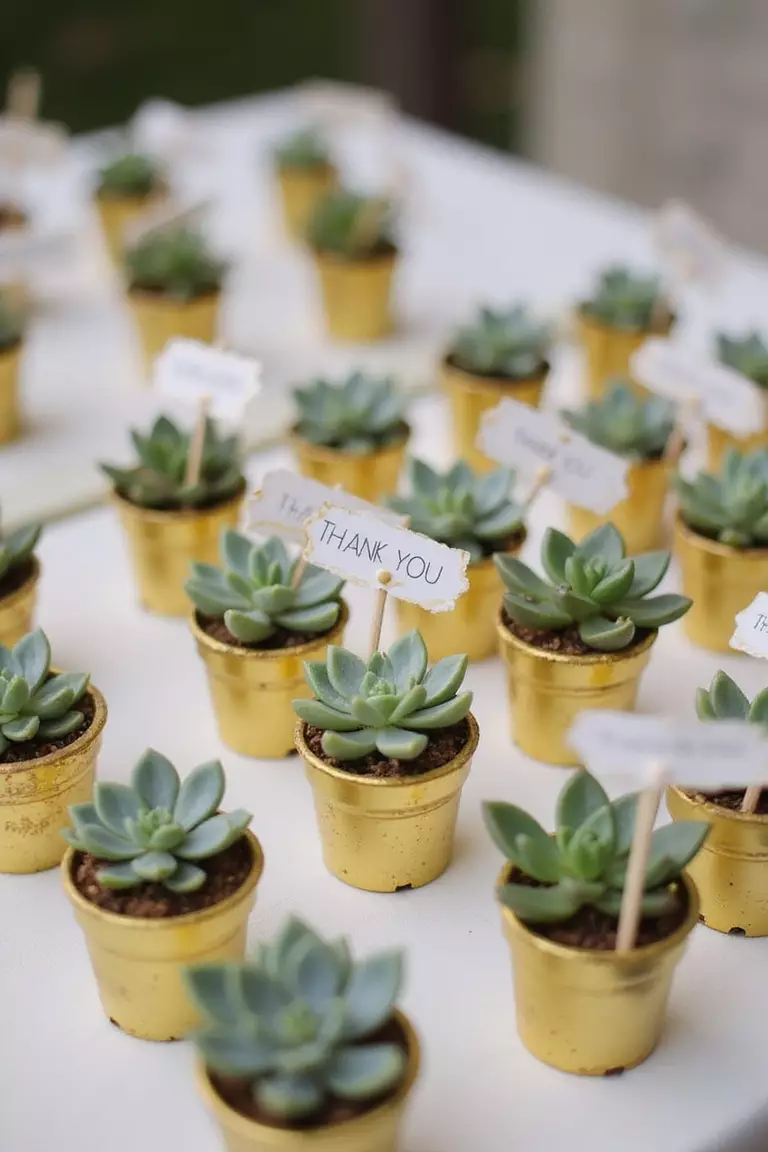 Gilded Succulent Wedding Favors A professional photo, similar to a photo in a wedding magazine, of small potted succulents with gilded edges in miniature gold pots, arranged as wedding favors with tiny thank-you tags.