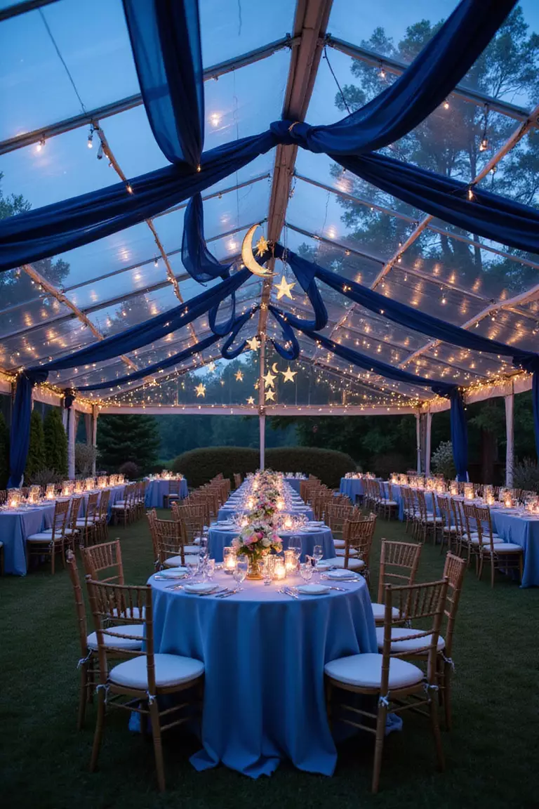 Celestial Night Sky With Constellations A professional photo, similar to a photo in a wedding magazine, of a reception under a transparent tent with deep blue drapery, hanging star lanterns, moon crescent decorations, and tables adorned with twinkling lights.