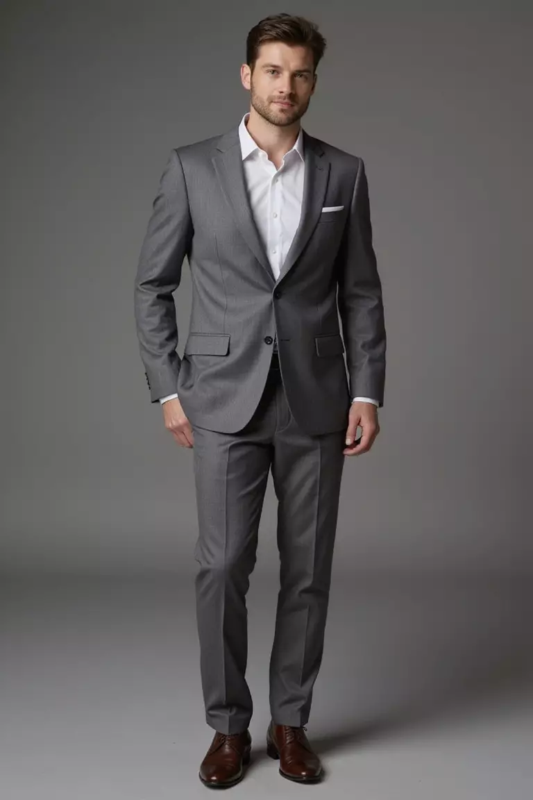 Lightweight Wool Suit For Transitional Weather A professional photo, similar to a photo in a wedding magazine, of a man in a medium-weight gray wool suit with subtle texture, perfect for spring or fall weddings.
