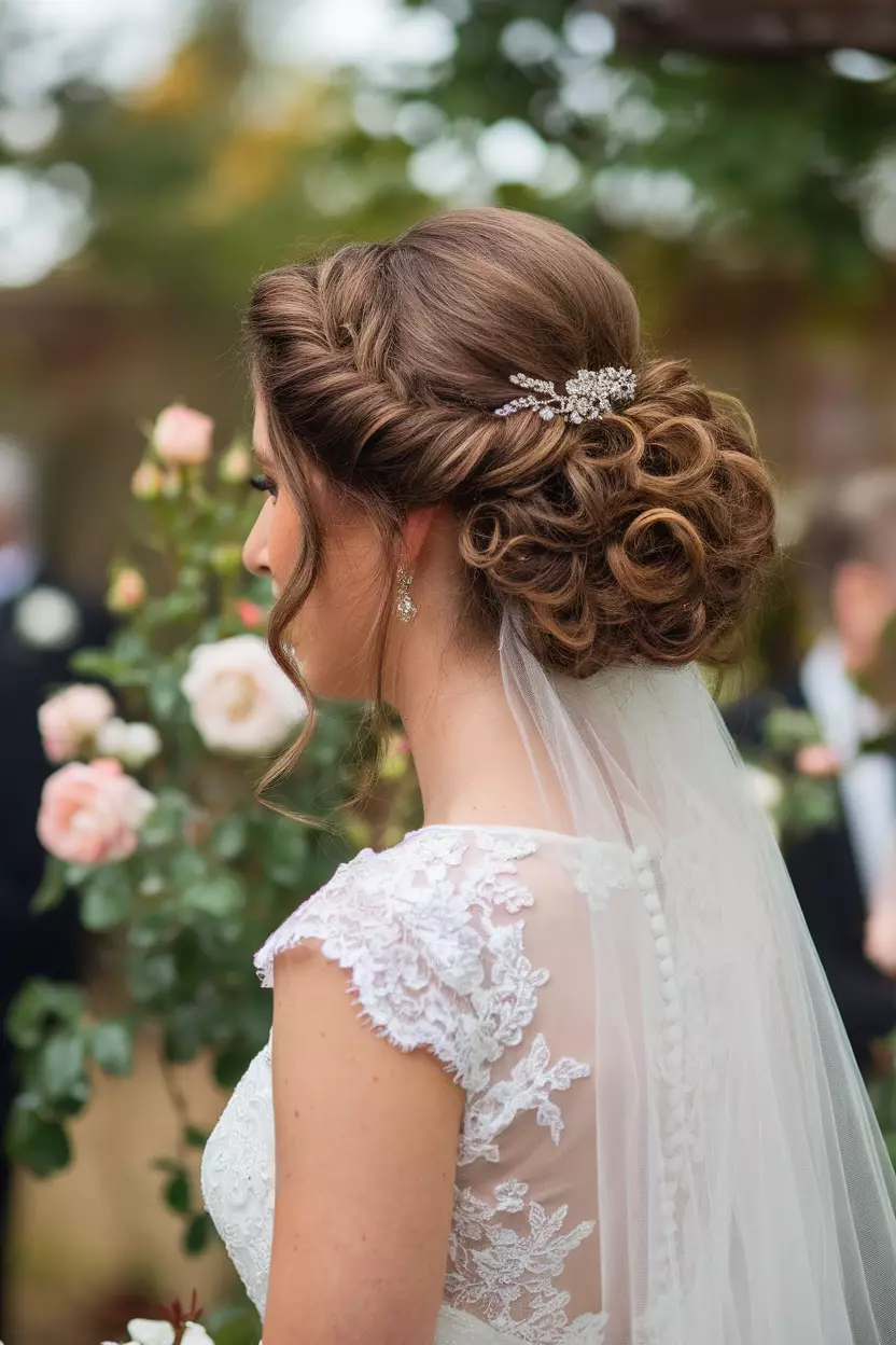 Curly Gibson Tuck A professional photo, similar to a photo in a wedding magazine, of a bride showing a sophisticated Gibson tuck hairstyle with curly elements, accented with an antique hairpin.