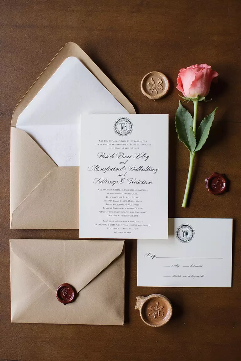 Brown Monogram Wedding Stationery A professional photo, similar to a photo in a wedding magazine, of elegant brown stationery suite featuring monogrammed invitation, RSVP card, and envelopes with wax seals.