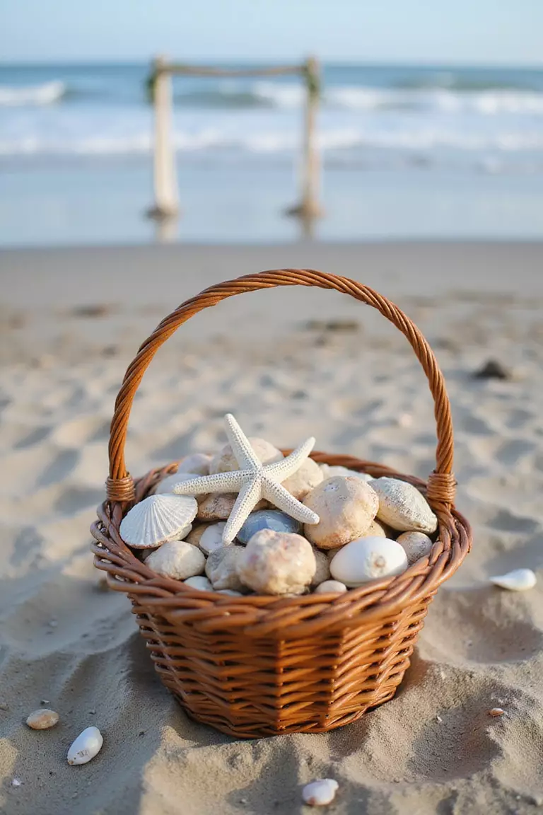 Basket of Seashells A professional photo, similar to a photo in a wedding magazine, of a woven basket overflowing with various seashells and starfish, positioned at the entrance to a beach ceremony.