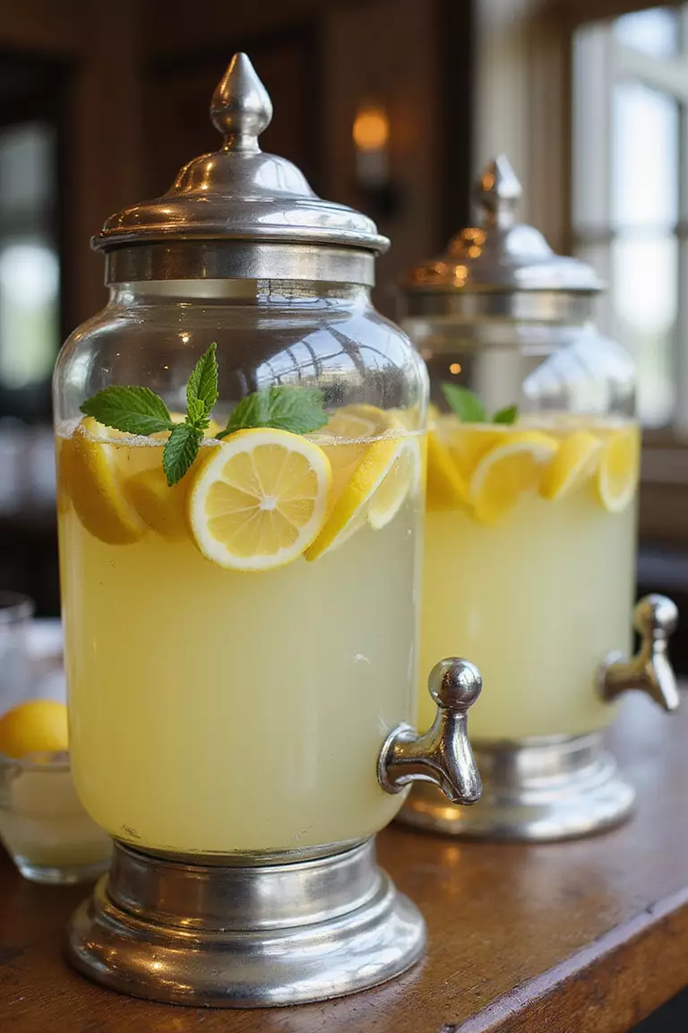 Lemonade In Vintage Drink Dispensers A professional photo, similar to a photo in a wedding magazine, of antique glass beverage dispensers filled with fresh lemonade, garnished with lemon slices and mint, on a rustic wooden bar.